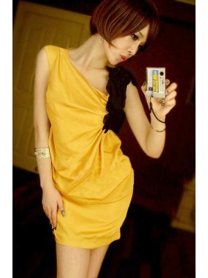 Q8186*Floral-Detailed Yellow Dress